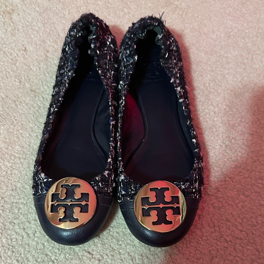 Tory Burch Navy Tweed Flats with Gold Logo